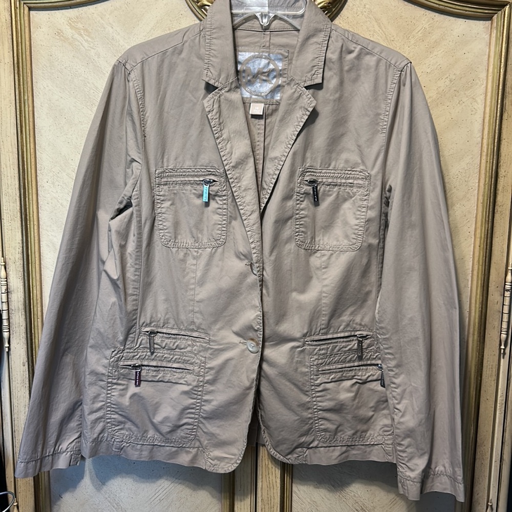 Michael Kors Tan Lightweight Button Front Silver Zip Front Pockets Jacket